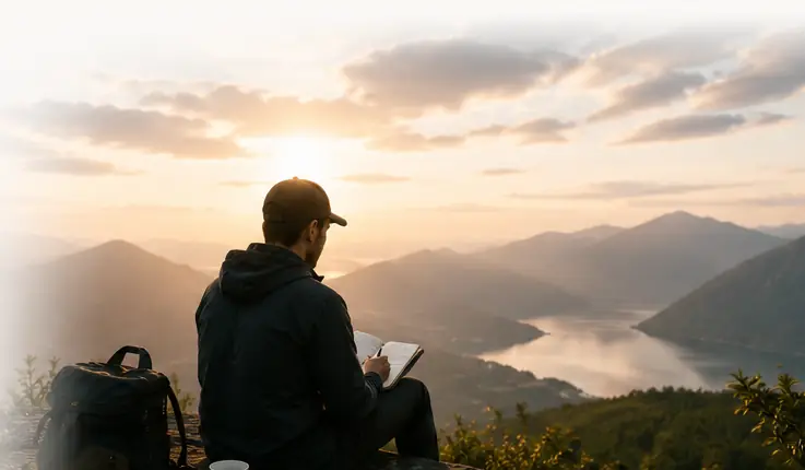 一位旅人在晨光中的山頂記錄觀察,遠方可見山谷與湖泊